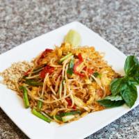Pad Thai · Rice noodle wok-seared with egg, bean sprout and bell pepper win house pad Thai sauce toped ...