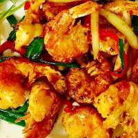X 8 - Tôm Rang Muối / Salt & Pepper Shrimp · Lightly breaded shell-on shrimp wok-seared with onion, jalapenos, red bell pepper served wit...