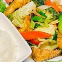 X10 - Buddha Delight · Stir-fried tofu with mixed veggies in house sauce served with rice