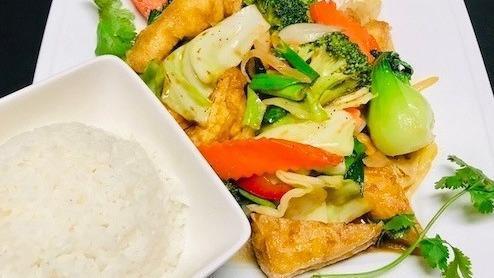 X10 - Buddha Delight · Stir-fried tofu with mixed veggies in house sauce served with rice