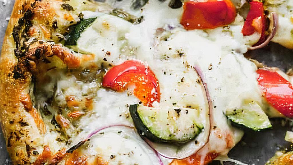 Creamy Garlic Vegetarian - 12'' - Medium · Garlic sauce, Indian paneer cheese marinated curry sauce, onions, green peppers, tomatoes, and mozzarella (Contain NUTS)