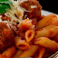 Penne With Meatballs · Penne pasta with marinara sauce served with meatballs
