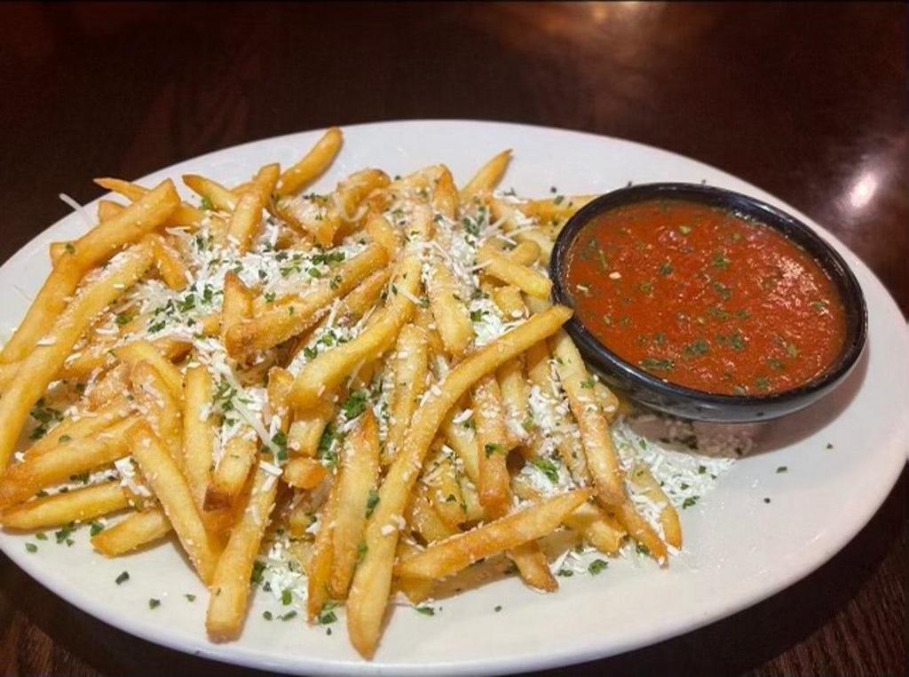 Mizithra Fries · Crispy shoestring fries, deliciously topped with our famous Mizithra Cheese and served with Marinara Sauce.