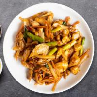 Kung Pao · Cooked with chili garlic sauce, onions, zucchini, bell peppers, and mushrooms.