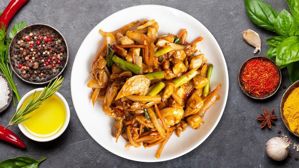 Kung Pao · Cooked with chili garlic sauce, onions, zucchini, bell peppers, and mushrooms.