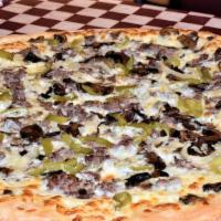 Philly Cheesesteak Pizza · Steak, onions, green peppers, and mushrooms