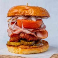 Down South · Poached ham, fried chicken, sweet and spicy pickles, mustard, onions, roasted tomato, white ...