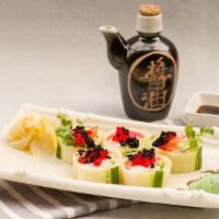 Sora Roll · Salmon, tuna, crab mix, and avocado wrapped in cucumber topped with tobiko. Consuming raw or...