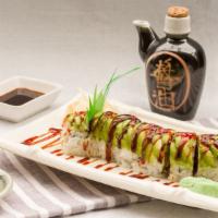 Caterpillar Roll · Eel, cucumber roll topped avocado and tobiko on top.