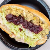 Sacks Improv (Half) · Turkey breast, herb stuffing, cranberry sauce, shredded lettuce, mayo, on an 8 inch baguette.