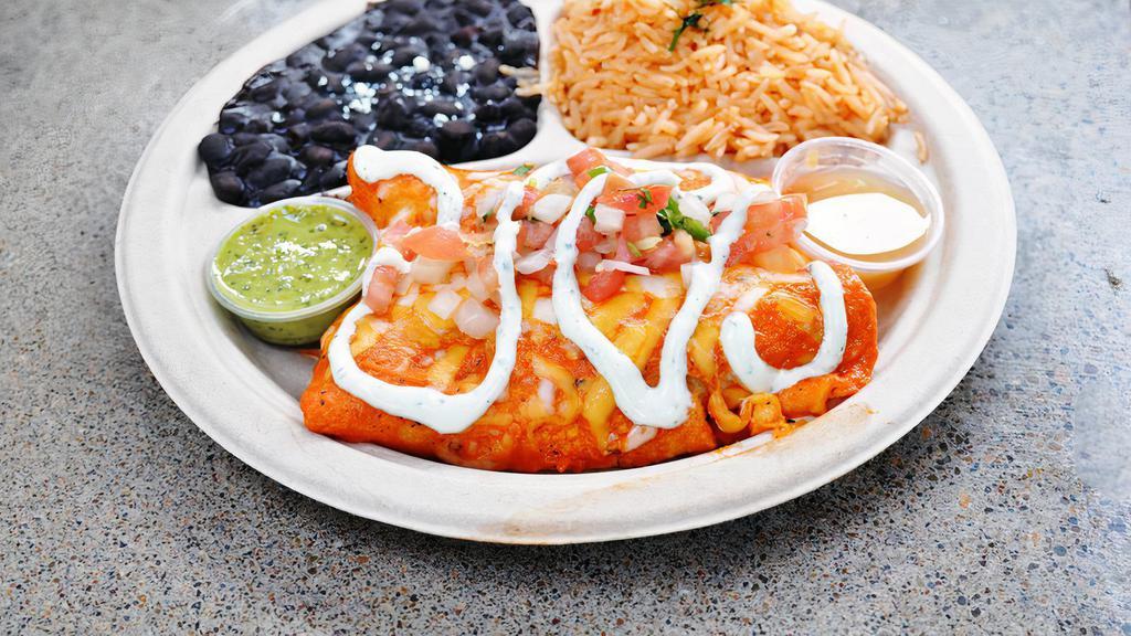Enchiladas · 2 white corn tortillas, with your choice of verde (mild) -or- Habanero (spicy) sauce,filled with cheese, your choice of protein and topped with cheese, pico, crema. Served with Mexican beans and rice.