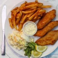 Fish & Chips · Cod filets, beer battered and breaded, garnished with coleslaw, tartar sauce and lemon wedge.