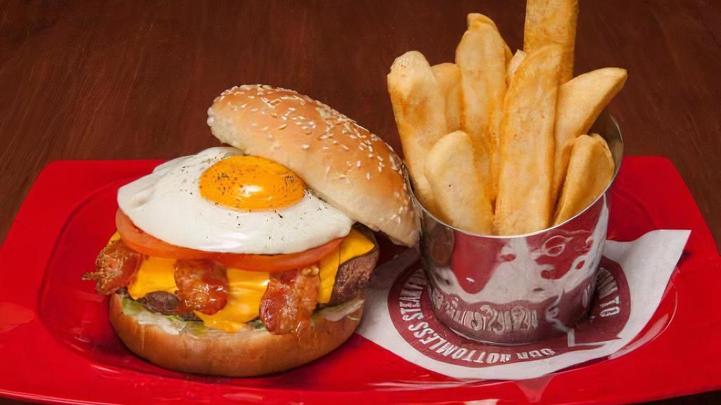 Royal Red Robin · Which came first, the bacon or the egg?* Who cares? You can have them both at once! Plus melted American cheese, tomatoes, lettuce and mayo.