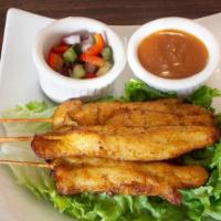 Chicken Satay (4) · Tender chicken breast, marinated and grilled on skewers and served with peanut sauce.