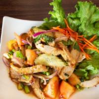 Spicy Lemongrass Chicken Salad · Mild. Grilled lemongrass chicken with lime juice, chili, lettuce, onions, cilantro, cucumber...