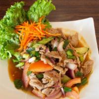 Beef Salad · Mild. A classic Thai salad featuring succulent slices of beef, with onions and a zippy lime ...