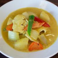 Yellow Curry · Mild. Choice of protein with potatoes, carrots, onions, bell pepper, and spicy yellow curry ...