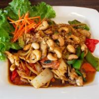 Pad Cashew Nut · Mild. Choice of protein with chili jam, onions, bell peppers, mushroom and cashew nuts.