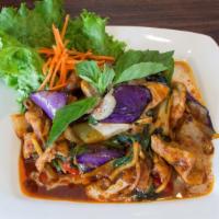 Pad Phet · Mild. Choice of protein with chili paste, egg plant, bamboo shoots, onions, bell peppers, sw...