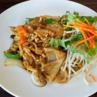 Pad Kee Mao (Drunken Noodles) · Mild. Thai no-nonsense spicy wide rice noodles with onion, Bamboo shoots,  mushrooms, basil ...