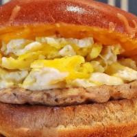 Buns Of Power (Bop) · brioche bun. sausage. eggs. cheddar. mayo.