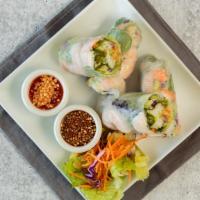 Fresh Spring Roll With Shrimp  · Freshly rolled with iceberg lettuce, carrot, mints, rice noodle served with a side of Thai d...