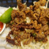 Thai  Beef Jerky · Deep fried sun-dried beef in Thai cuisine served with sriracha sauce.