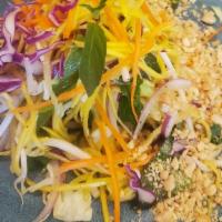 New Vegan Mango Salad · Shredded mango, green and red cabbage,  mint, basil, cilantro,  bean sprout  with spicy vega...