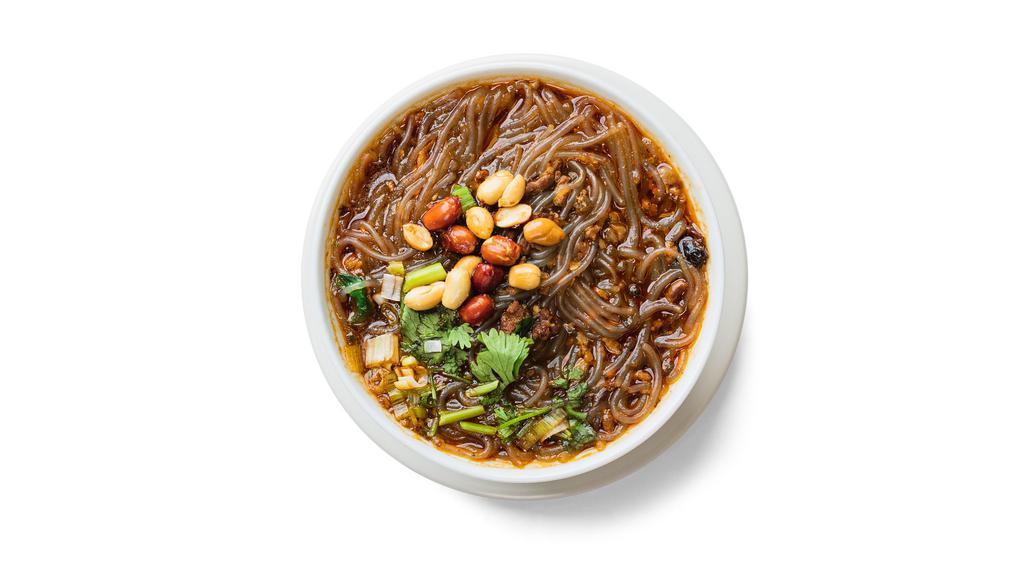 Hot And Sour Noodle Soup · spicy minced pork in hot and sour broth with potato noodles. Topped with scallions and cilantro