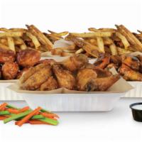 50 Pieces Party Pack · 50 crisp boneless or classic bone-in wings with up to four flavors, two large hard cut fries...