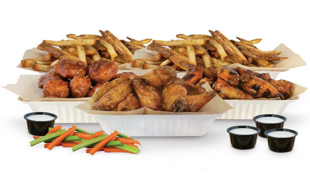 50 Pieces Party Pack · 50 crisp boneless or classic bone-in wings with up to four flavors, two large hard cut fries or two veggie sticks, and four dips. Feeds 6-9.