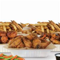 100 Pieces Party Pack · 100 crisp boneless or classic bone-in wings with up to six flavors, four large hard cut frie...
