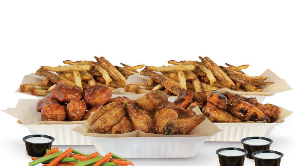 100 Pieces Party Pack · 100 crisp boneless or classic bone-in wings with up to six flavors, four large hard cut fries or four veggie sticks, and eight dips. Feeds 13.