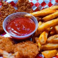 Deep Fried Butterfly Shrimp Basket · 6 Large butterfly shrimp breaded and deep fried.   Served with regular or curly fries and ch...
