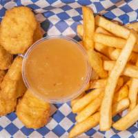 Chicken Nuggets Basket · Breaded and deep fried white chicken meat nuggets served with choice of fries. Choose 8, 10,...