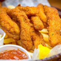 Calamari And Chips · Lightly battered steaks cut into strips.