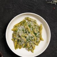 Pesto Party Pasta (Penne) · Fresh basil leaves, garlic, grated parmesan cooked with penne.