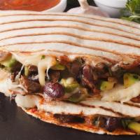 Mar Y Tierra Quesadilla · Grilled tortilla filled with carne asada, shrimp, pico de gallo, red sauce and melted cheese.