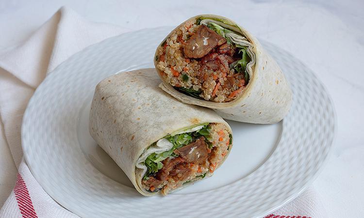 Tempeh & Quinoa Wrap · (vegan, dairy-free) Quinoa, marinated tempeh, spinach, arugula, mixed greens, carrots, scallions, vegan mayonnaise and soy ginger dressing in a flour tortilla. Please no substitutions or modifications.