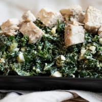 Kale Chicken Caesar Salad · (wheat-free) Kale, grilled chicken breast, hard-boiled egg, and Parmesan in our Caesar dress...