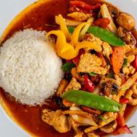 Cashew Delight · Stir-fried Cashew nuts, bell peppers, onion, mushroom, snow pea, and carrot with Thai sweet ...