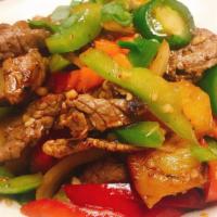 Thai Pepper Steak (Beef Only) · Angus beef, stir-fried with bell peppers, onion, mushroom, ground pepper in Thai pepper sauce.