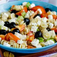 Organic Greek Pasta · Organic whole wheat pasta with Kalamata olives, tomatoes, red onions, feta, extra virgin oli...