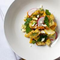 Yella Nella · Golden croutons, roasted yellow bell pepper, roasted lemon, pickled summer squash, celery, r...