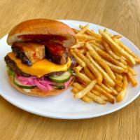Pork Belly Beef Burger · 6oz of beef patty, confit pork belly brushed with spicy gochujang sauce,
house sauce, your c...
