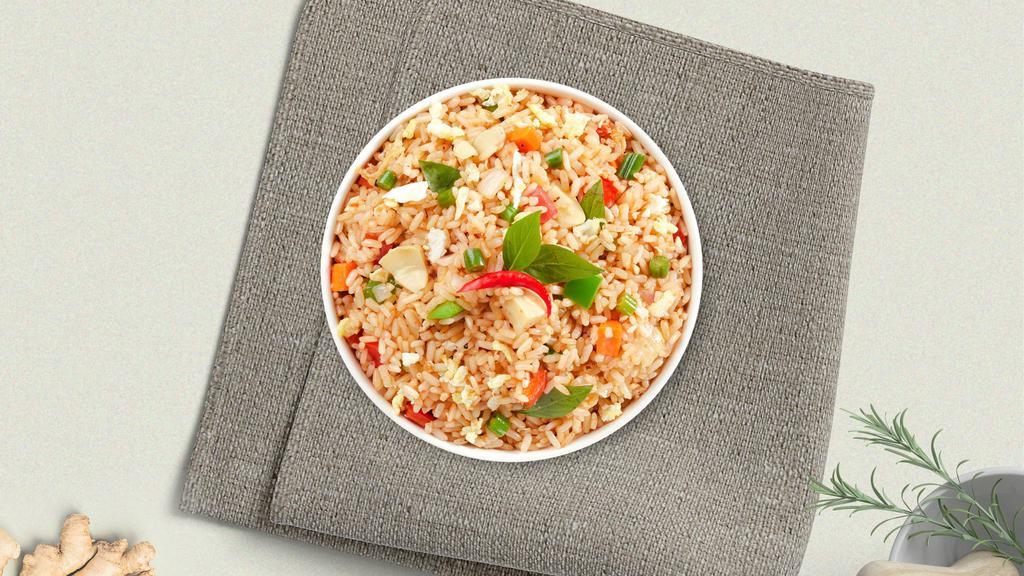 Basil Fried Rice · Stir fried rice with egg, basil, carrot, bell pepper, broccoli, and green onion.