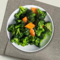 Stir Fried Broccolo · Stir fried broccoli, bell pepper, carrot, and yellow onion.