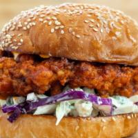 Buffalo Chicken Sandwich · Crispy Southern fried chicken breast tossed in spicy buffalo sauce and served with blue chee...