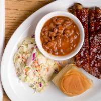 Small Ribs Meal · Three ribs, one roll, coleslaw, baked beans.

(Utensils & napkins provided ONLY UPON REQUEST).
