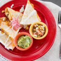 Quesadillas · Tres quesos, pickled red onions, salsa fresca, guacamole, cilantro-lime créme wood fired chi...